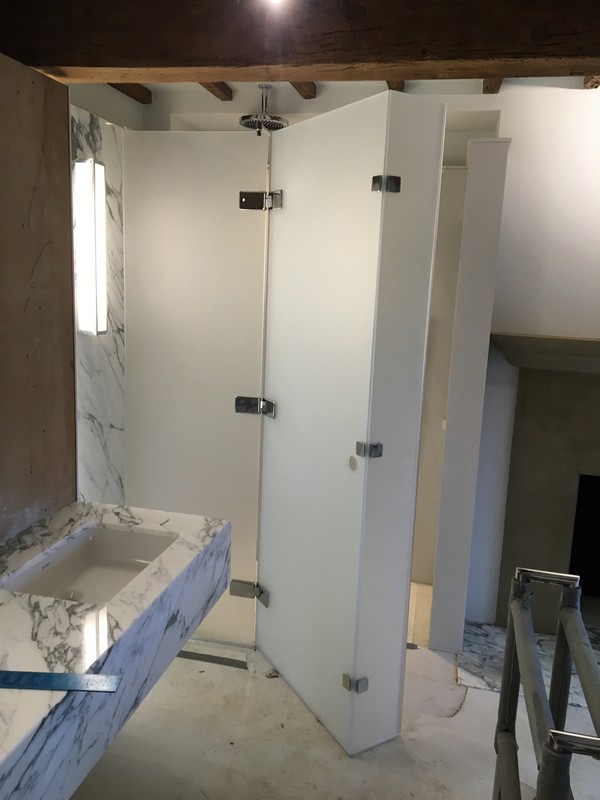 Bespoke frosted glass shower enclosure in Greenwich luxury bathroom